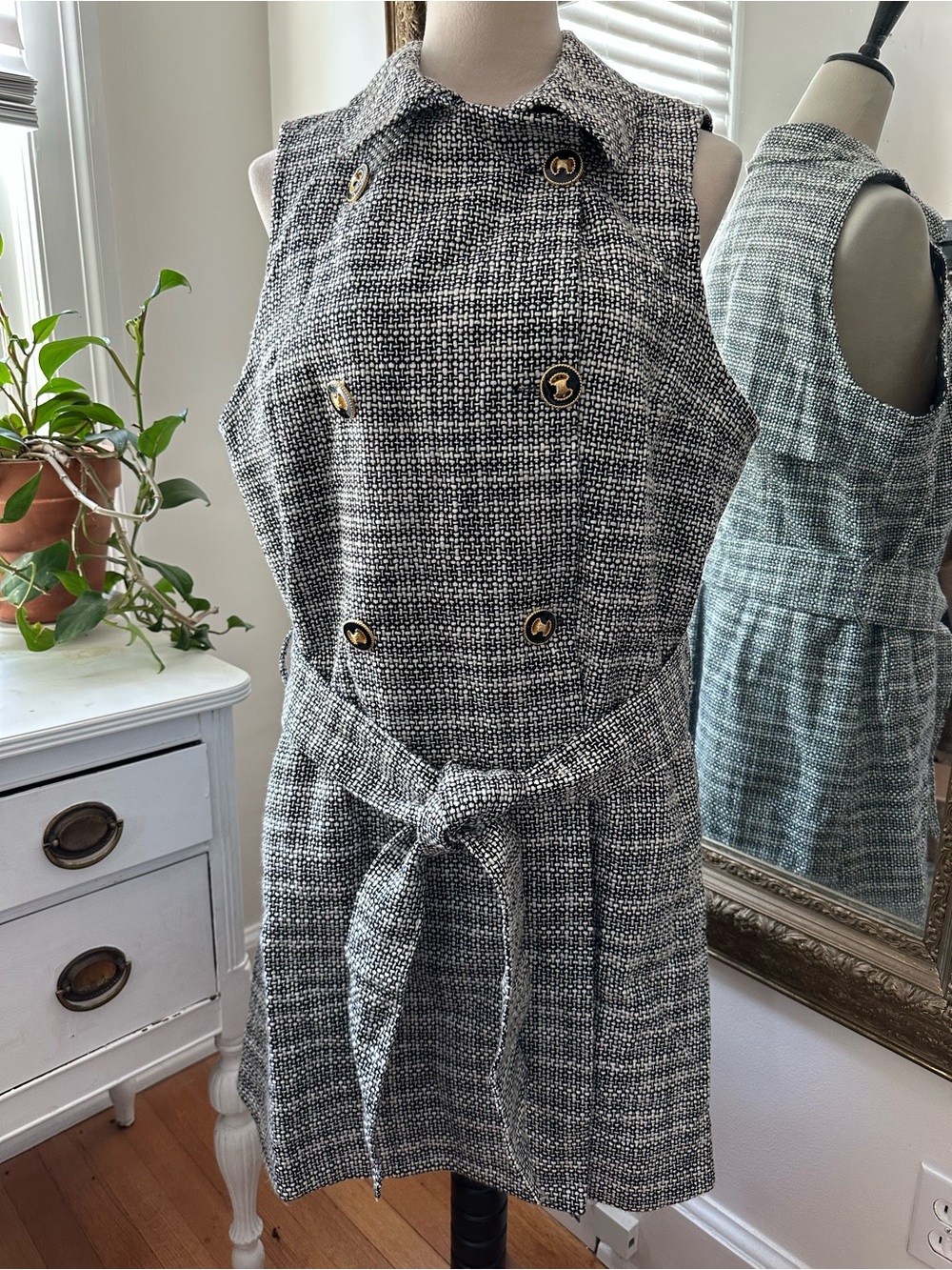Buru double breasted coat shirt dress XL luxury office tweed black white stylish